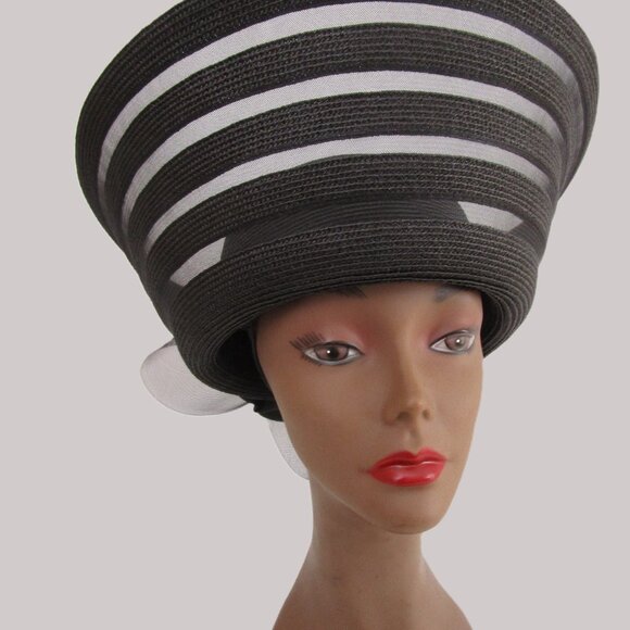 TALL Breton Sheer Church Hat Black Horsehair Pouf Satin Bow - Picture 2 of 12